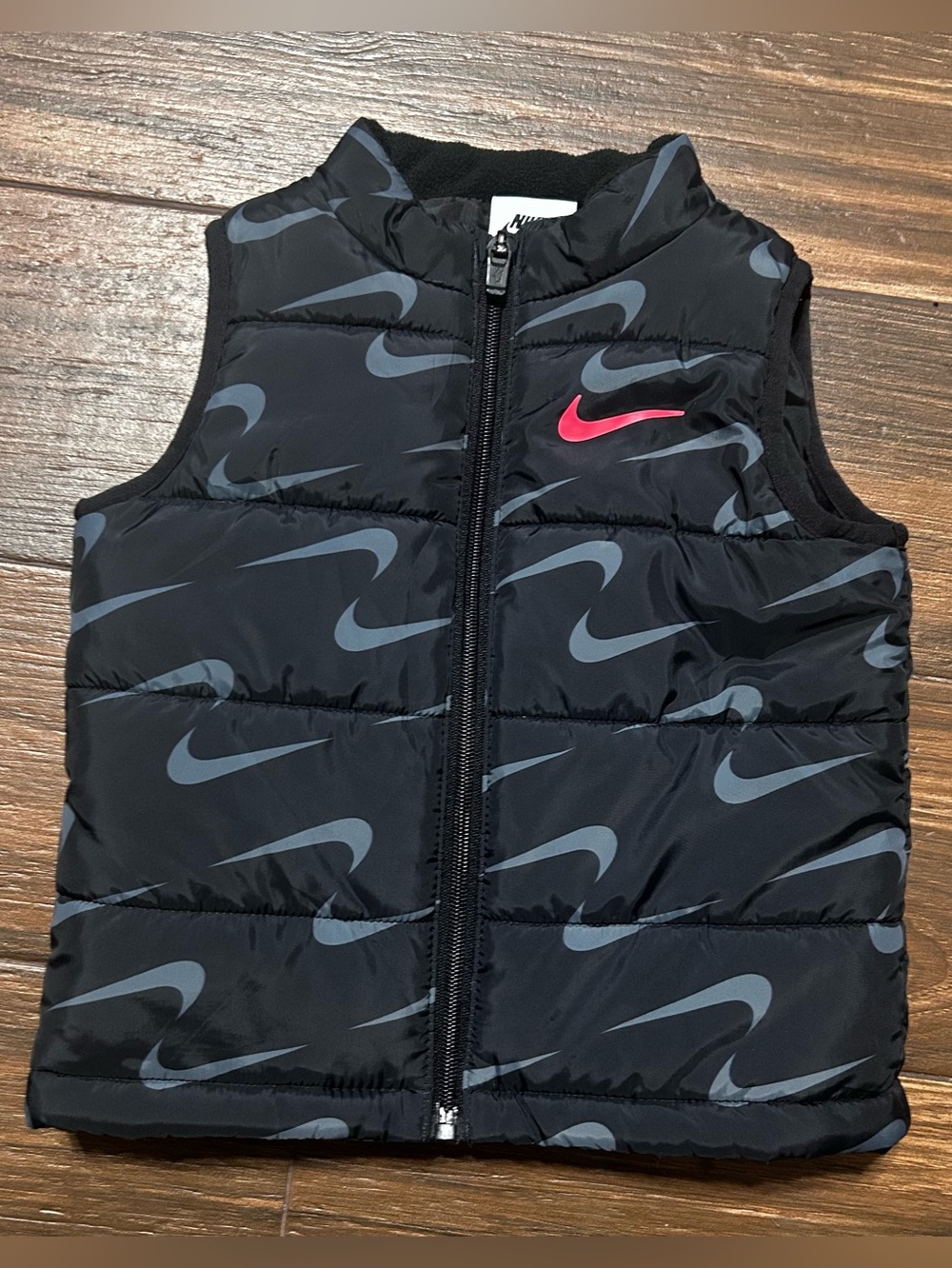 Nike Infant Toddler Puffer Vest 24M Black Gray Logo All Over Bright Pink